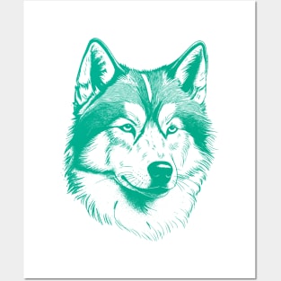 Alaskan Malamute dog minimalist art drawing in turquoise green Posters and Art